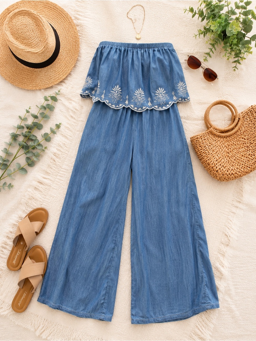 Jessica Simpson Blue Strapless Wide-Leg Jumpsuit with White Embroidery